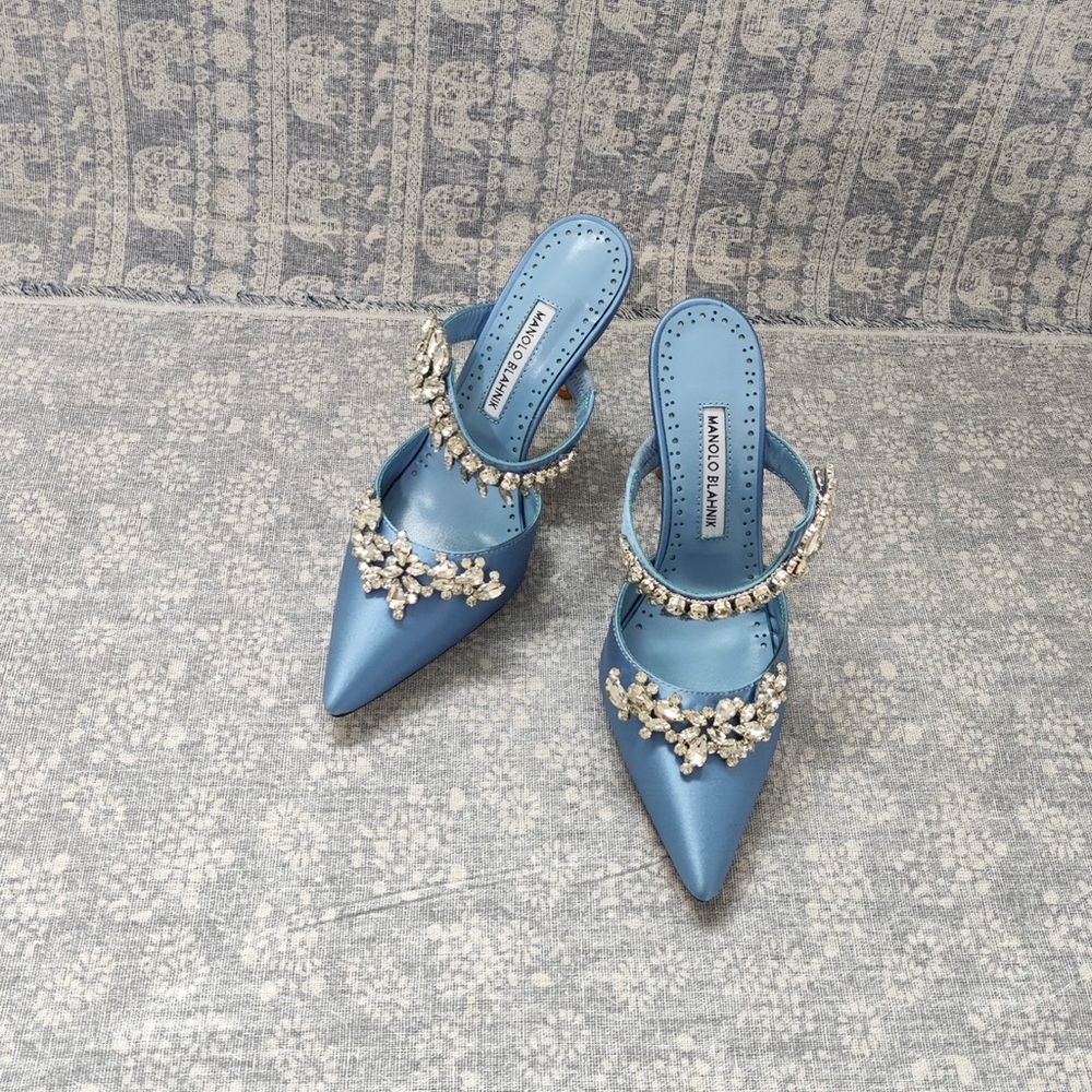 Manolo Blahnik Light Blue Satin Pointed-Toe Jeweled Mules - Picture 3 of 13